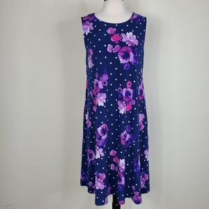 Susan Graver Women's Sleeveless Dress 1X Floral Polka-Dot Navy & Purple Pockets